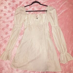 Cream Checkered Long Sleeve Dress